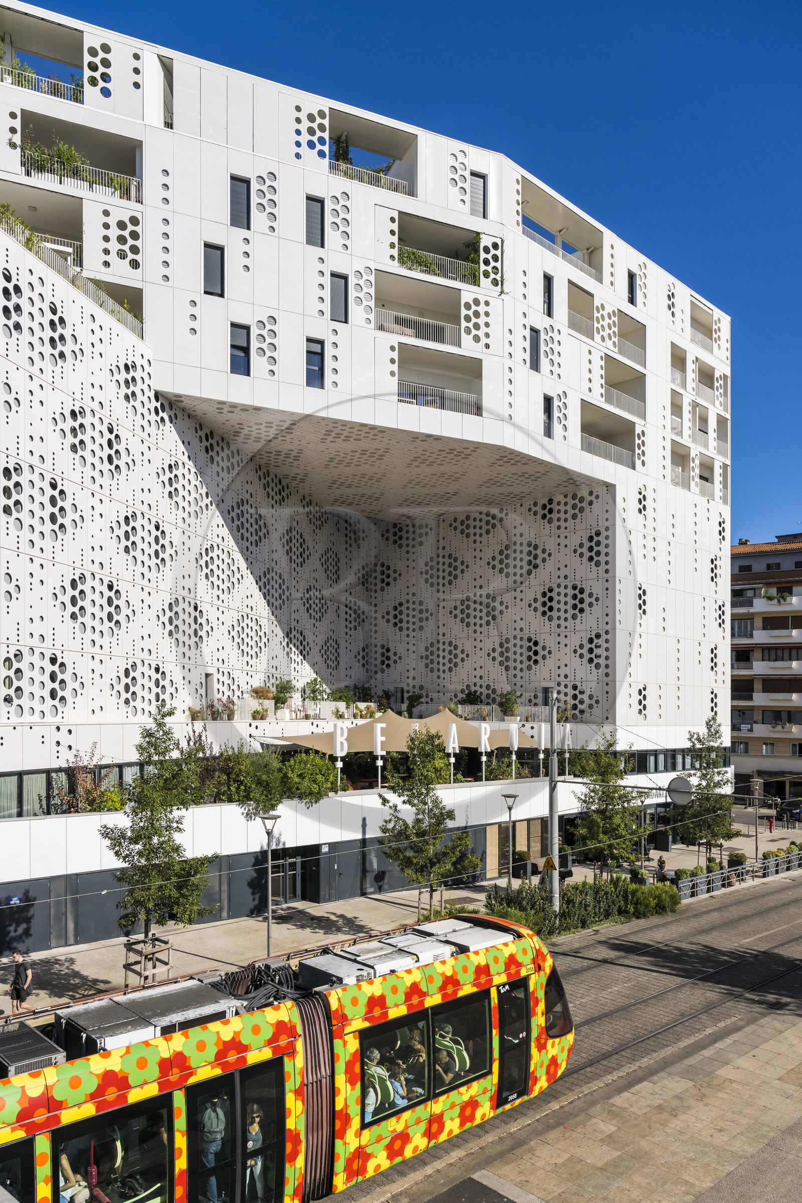 France, Herault, Montpellier, Belaroïa building bringing together a 4-star hotel the Golden Tulip, a 3-star hotel the Campanile, a bistronomic restaurant Chez Delagare, a cocktail bar Nectar Cocktail Club, a business center and private apartments