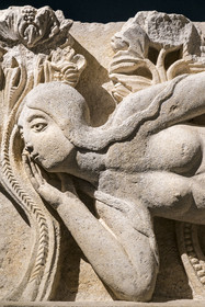 France, Saône-et-Loire (71), Autun, musée Rolin, exposition des chefs-d'oeuvres au muséum d'Histoire Naturelle pendant les travaux, élément de linteau La Tentation d'Ève (vers 1130), attribué à Gislebertus (détail)