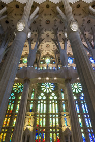 Spain, Catalonia, Barcelona, Eixample district, Sagrada Familia basilica by Catalan modernist architect Antoni Gaudi, listed as a UNESCO World Heritage Site, the east side of the Nave