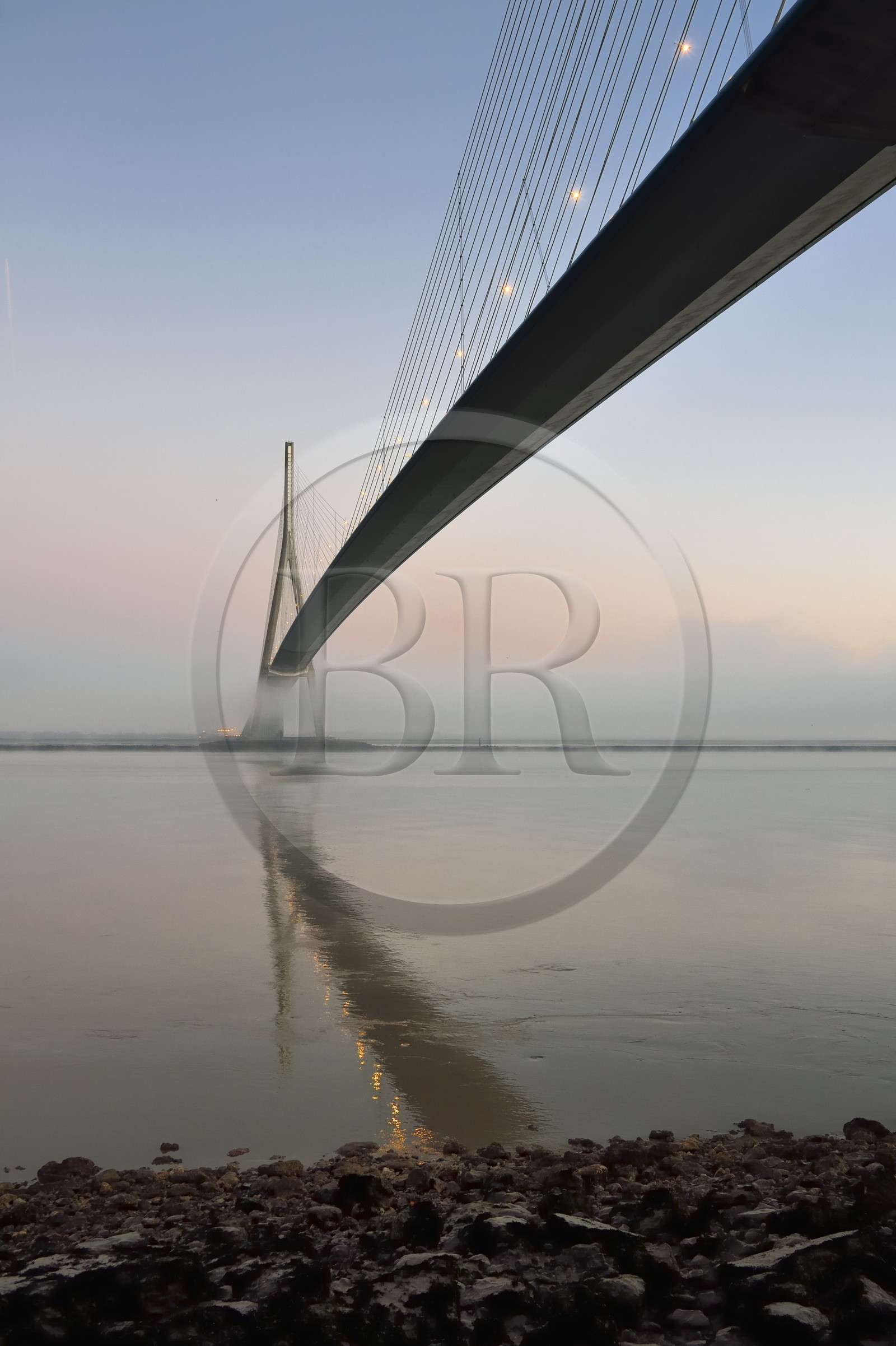 France, between  Calvados and Seine Maritime, the Pont de Normandie (Normandy Bridge) in the mists of dawn, the deck is prestressed concrete except for its central part which is metallic