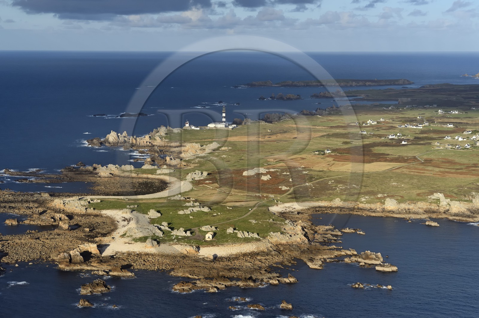 France, Finistere, the regional natural park of Armorica, Iroise sea, Ouessant island, Biosphere reserve (UNESCO), Creach Lighthouse and the West coast (aerial view)