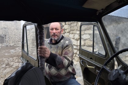 Azerbaijan, Quba (Guba) region, Greater Caucasus mountain range, village of Giriz, Russian four wheel drive UAZ 469