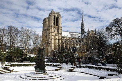 France, Paris (75), les rives de la Seine, classées Patrimoine Mondial de l'UNESCO, la Cathédrale Notre-Dame sous la neige sur l'Ile de la Cité et le square René Viviani
