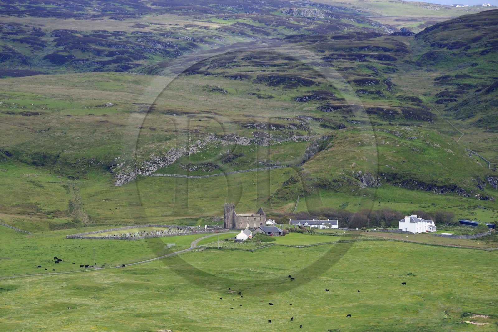 United Kingdom, Scotland, Inner Hebrides, Islay Island, former church and cemetery of Kilchoman at Rinns of Islay (aerial view)