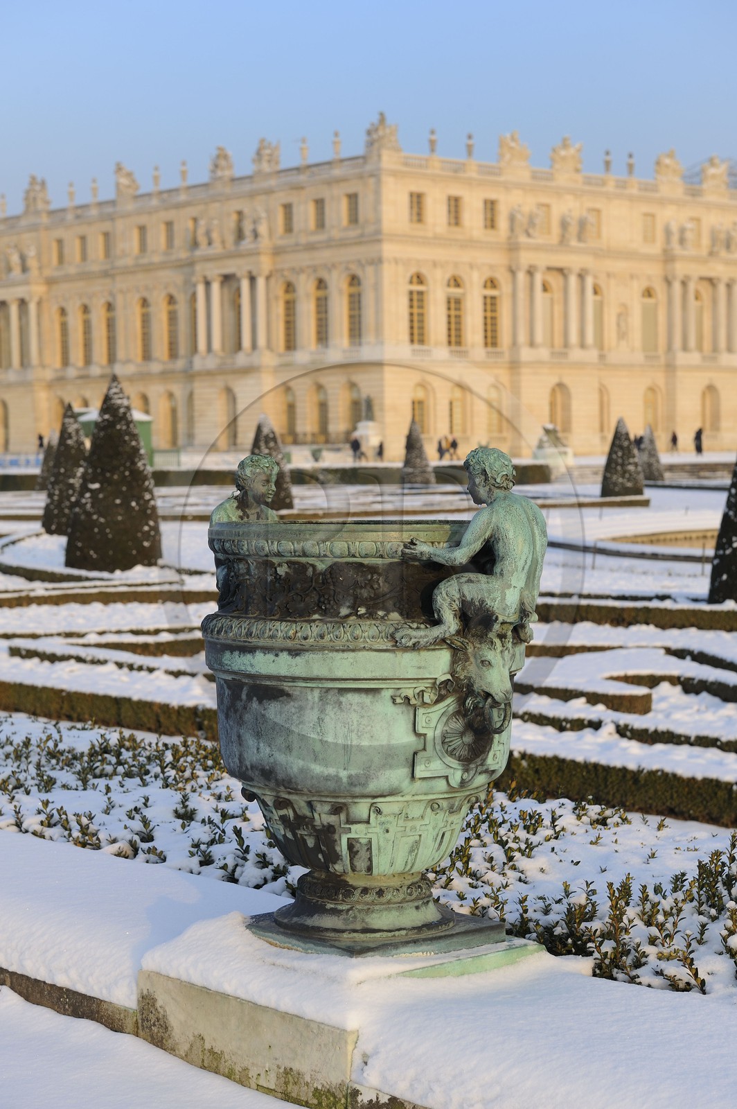 France, Yvelines, snow covered park of the Chateau de Versailles, listed as World Heritage by UNESCO, parterre du Midi (south parterre)