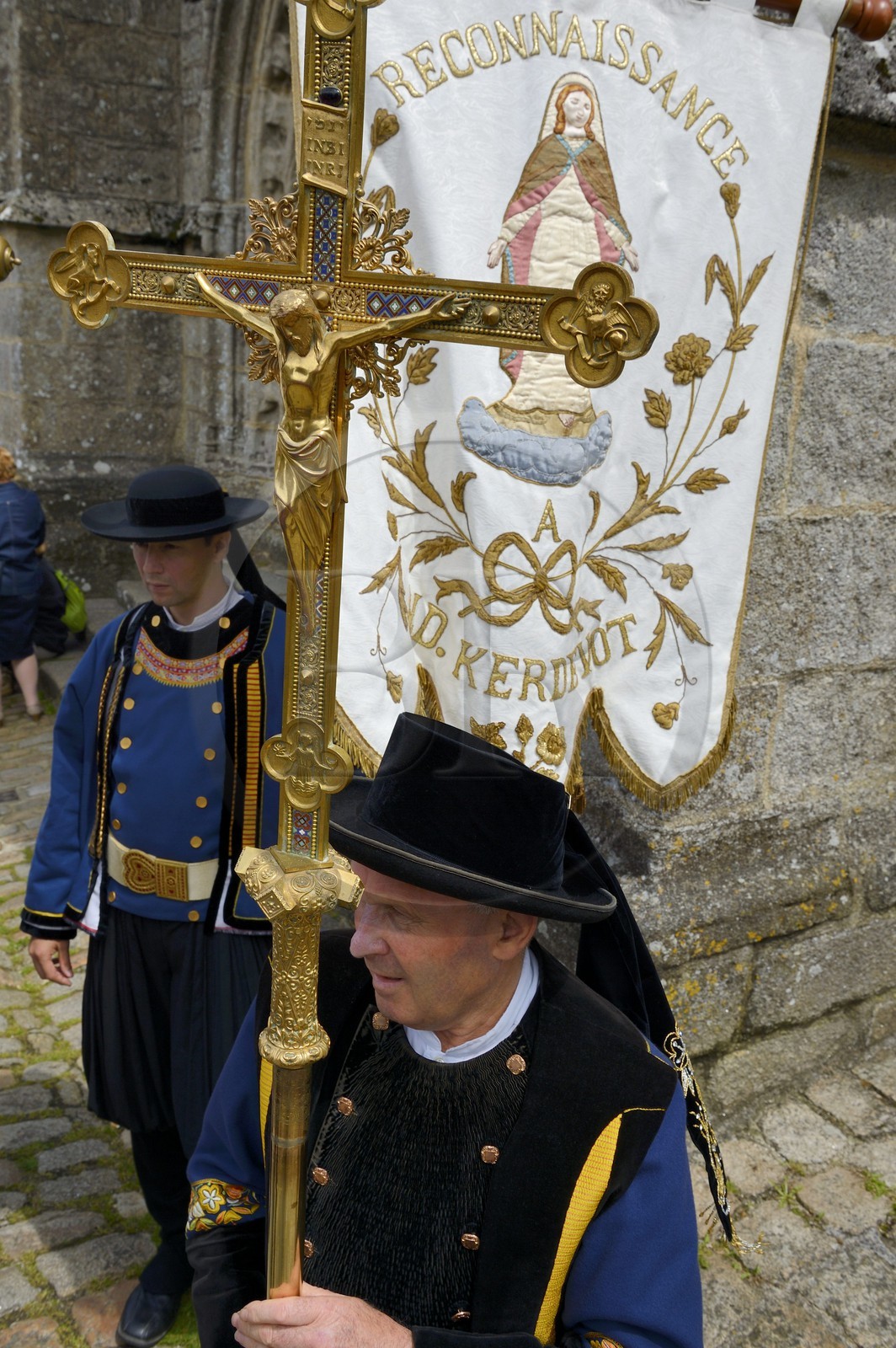 France, Finistere, Locronan, labelled Les plus Beaux Villages de France (The Most Beautiful Villages of France), leaving in traditional costume Péniti chapel adjacent to the church of Saint Ronan for the start of the procession of the Tromenie
