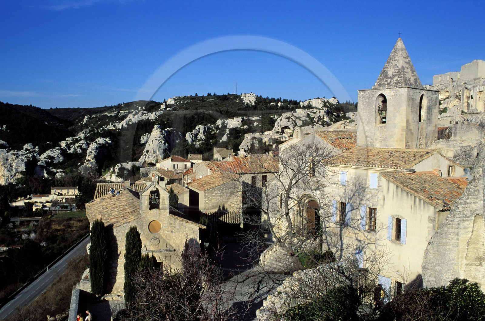 France, Bouches du Rhone, Les Baux de Provence village, labelled Les Plus Beaux Villages de France (The Most Beautiful Villages of France), Saint Vincent church and white penitents chapel