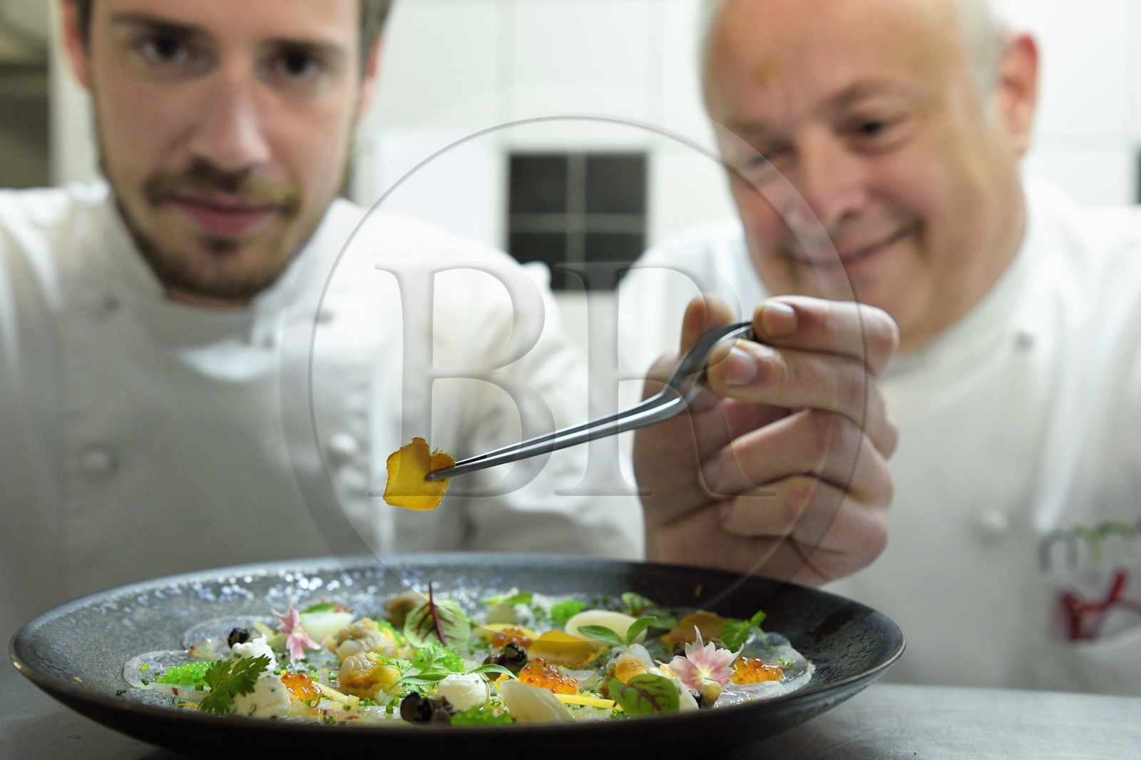 France, Charente, Bourg-Charente, restaurant La Ribaudière, Michelin-starred chef Thierry Verrat and his son Julien, preparation of the monkfish and small shellfish carpaccio