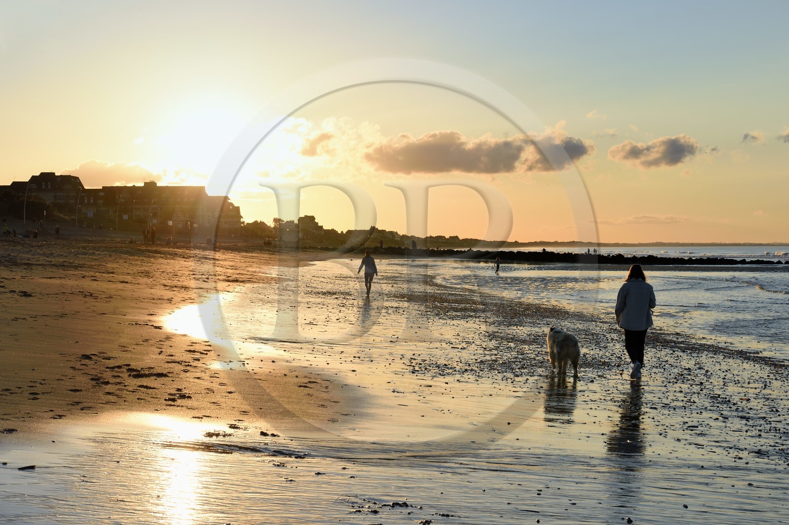 France, Calvados, Pays d'Auge, the cote Fleurie (Flowered coast), Cabourg, promenade at sunset on the beach