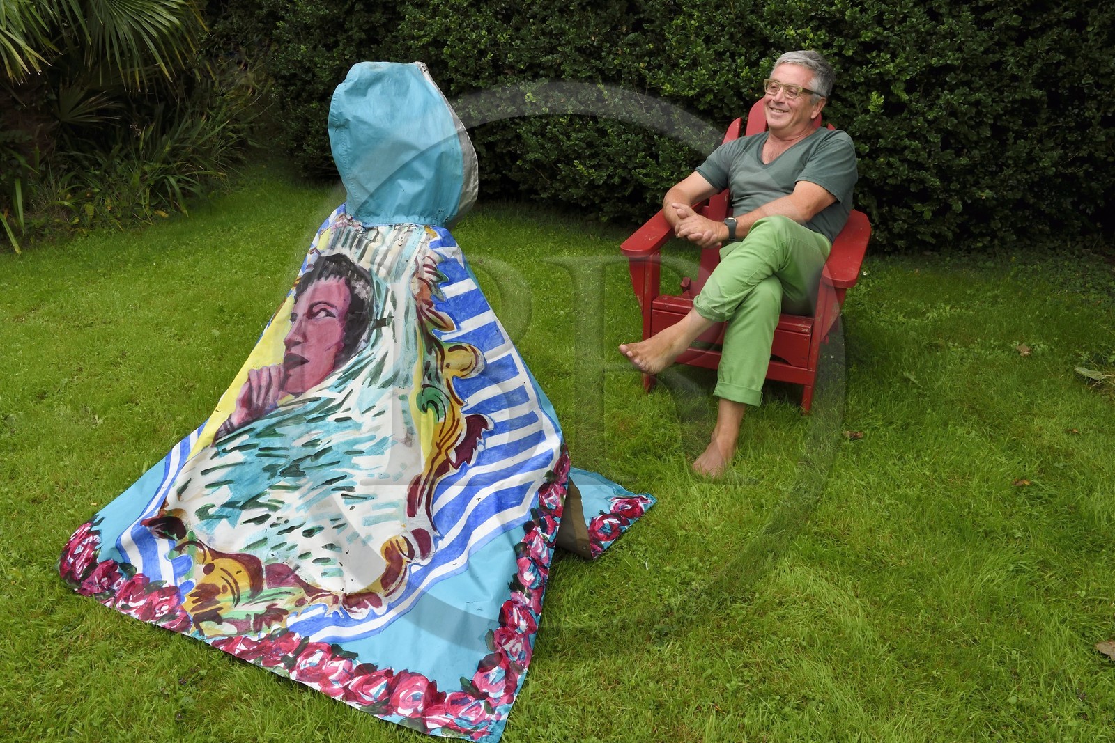 France, Finistere, Lannilis, Prat Ar Coum, the artist Loic Madec in his garden