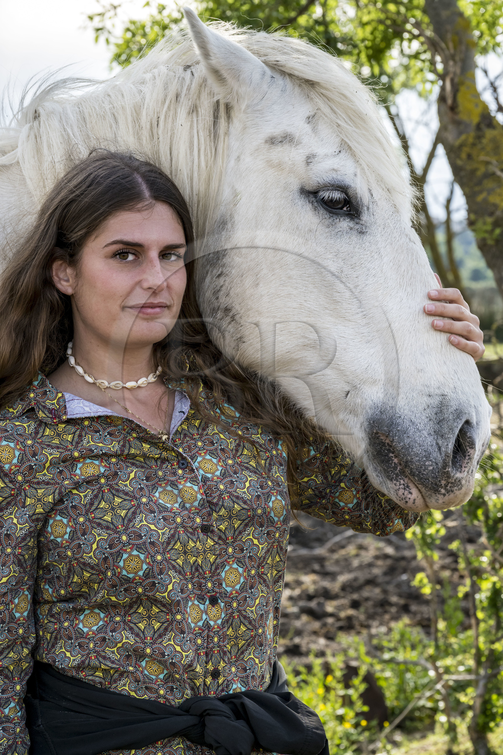 France, Gard (30), Saint-Gilles du Gard, manade Pierre Aubanel & fils, Pauline Aubanel et le cheval camarguais Greco