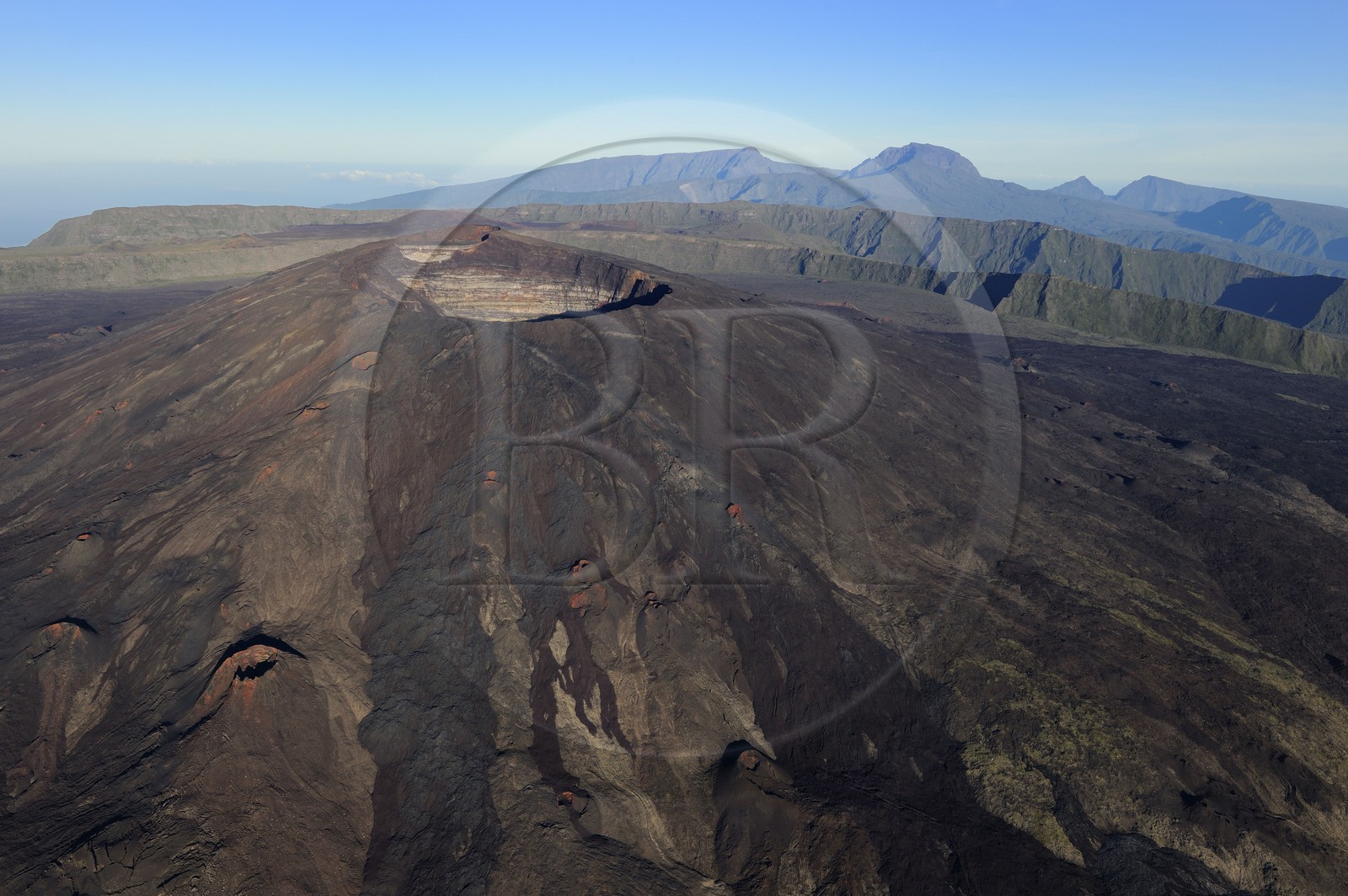 France, Reunion island (French overseas department), Piton de la Fournaise, listed as World Heritage by UNESCO volcano, Dolomieu crater (aerial view)