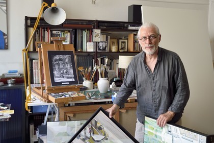 France, Meurthe et Moselle (54), Nancy, le peintre et illustrateur Jame’s Prunier dans son atelier