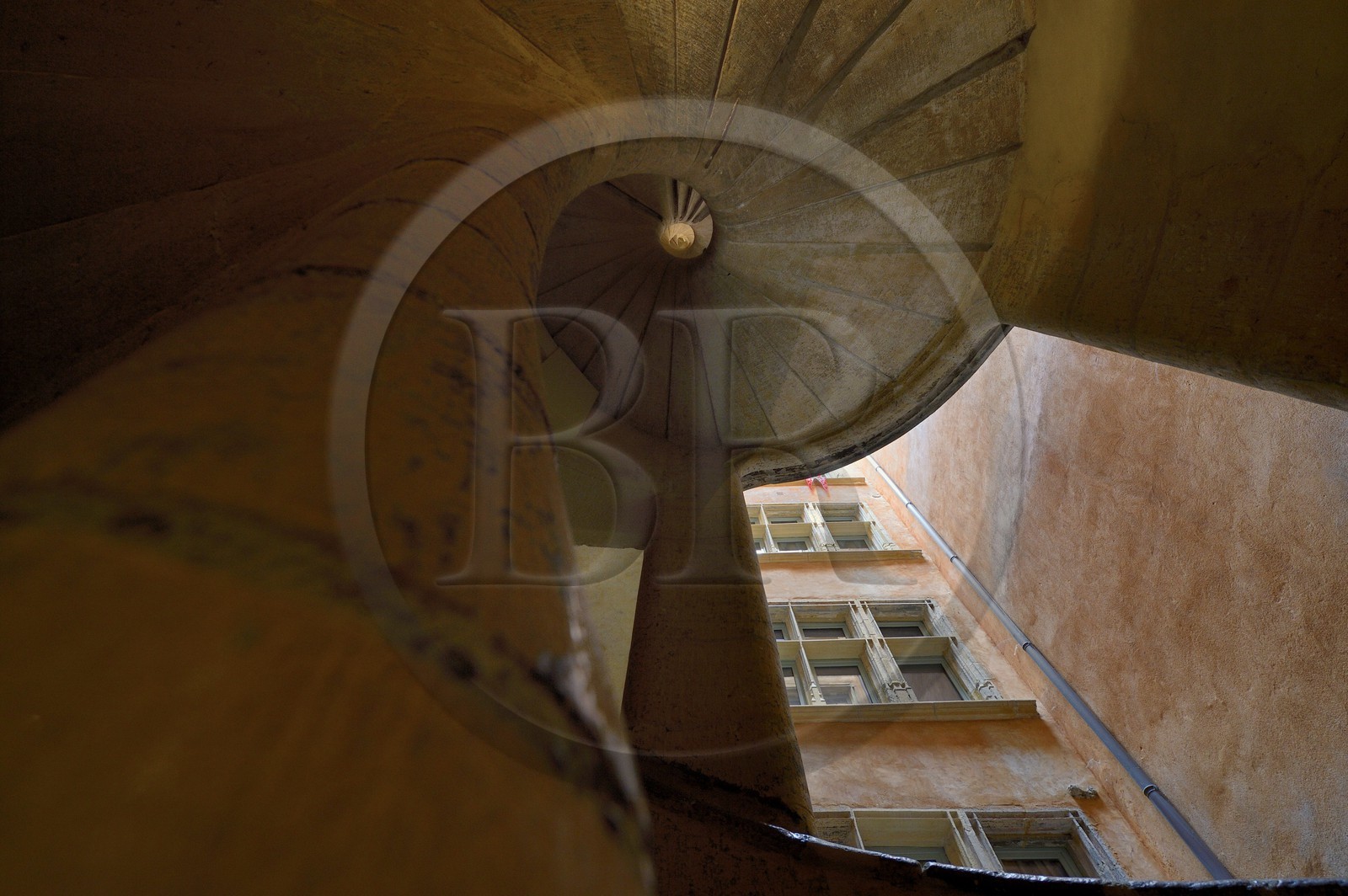 France, Rhone, Lyon, historical site listed as World Heritage by UNESCO, Vieux Lyon (Old Town), staircase with spiral stairs without core at the 10 rue Lainerie