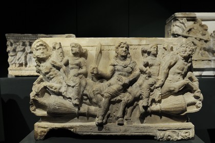 Italie, Toscane, Val di Cecina, Volterra, Museo Etrusco Guarnacci (Musée Etrusque Guarnacci), urne cinéraire en albatre