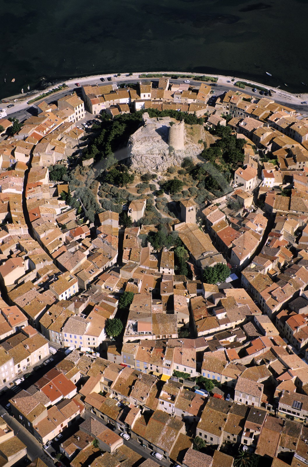 France, Aude, Gruissan, old village around Barberousse medieval tower (aerial view)