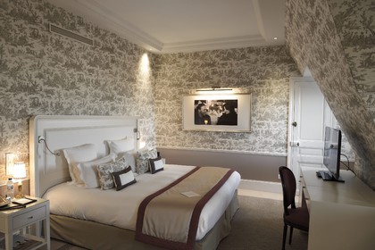 France, Calvados, Pays d'Auge, Deauville, Normandy Barriere Hotel, the Suite Un Homme Une Femme (A Man A Woman) in tribute to the film and its director Claude Lelouch, decorated from toile de jouy fabric