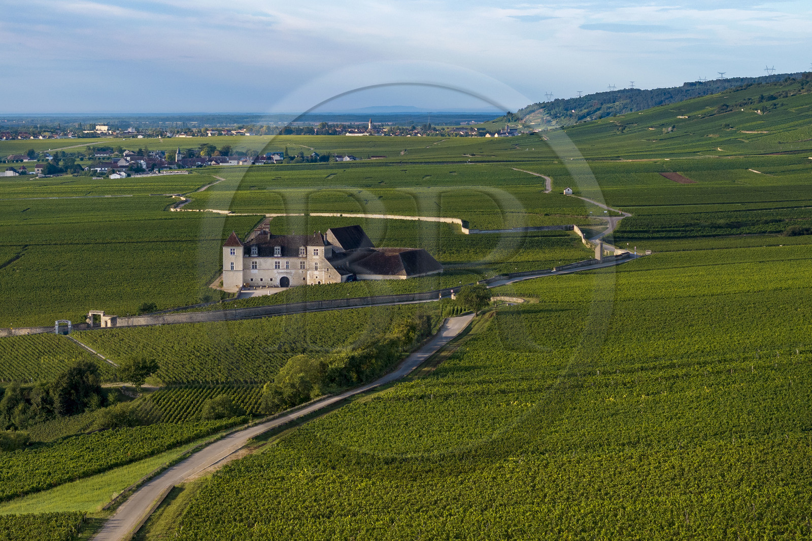 France, Cote d'Or, cultural Landscape of the climates of Burgundy listed as World Heritage by UNESCO, Route des Grands Crus (road of Vintage Wines), vineyard of the Côte de Nuits, Vougeot, the Chateau of Clos de Vougeot surrounded by vineyards (aerial view)