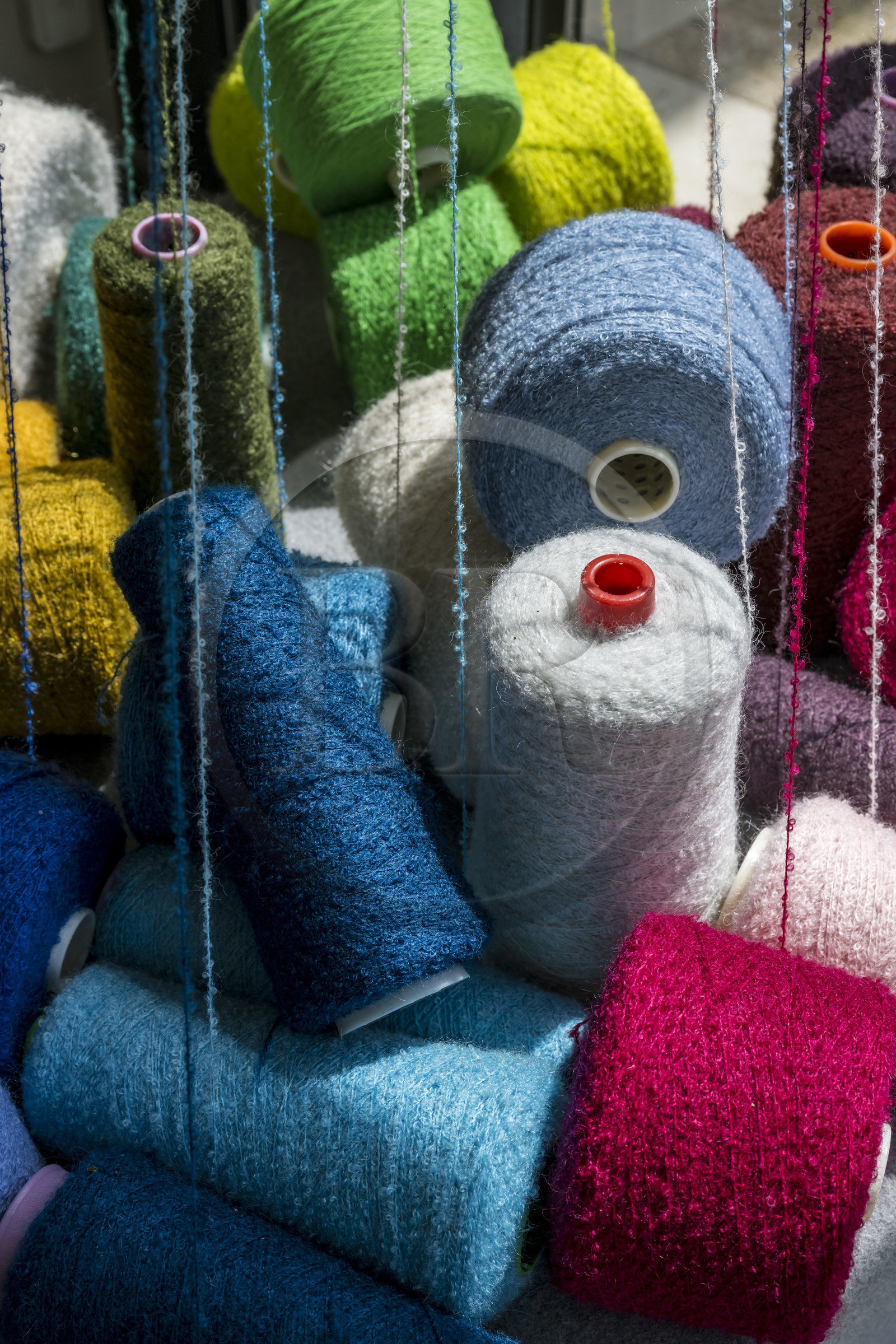 France, Vaucluse, L'Isle sur la Sorgue, Brun de Vian-Tiran Factory, wool textile industry, spools of wool yarn