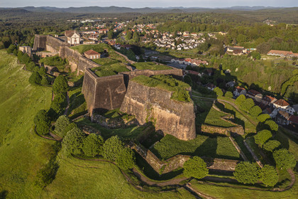 France, Moselle, Parc regional des Vosges du nord (Northern Vosges Regional Natural Park), Bitche, the citadel fortified by Vauban (aerial view)
