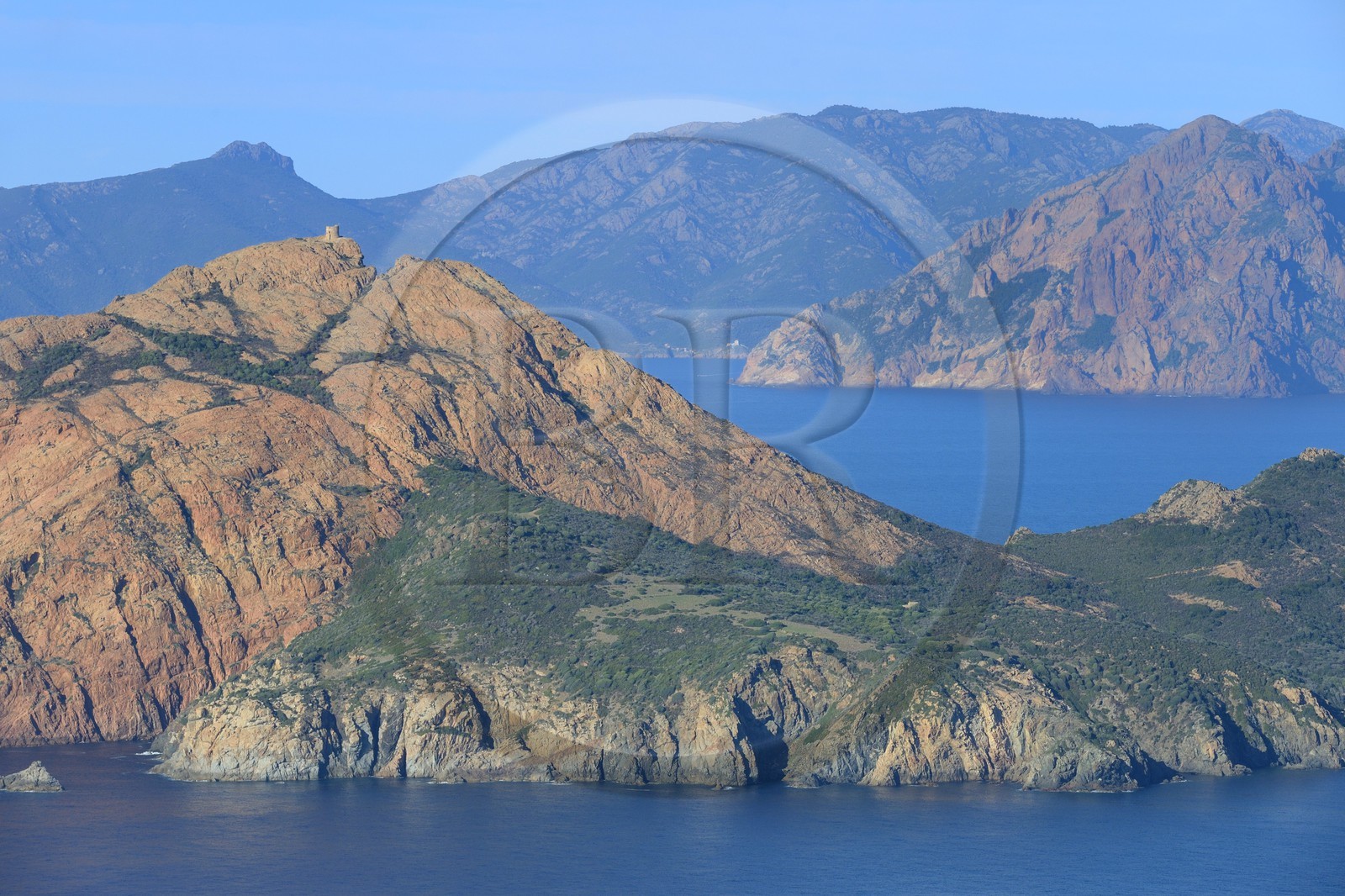 France, Corse-du-Sud (2A), Golfe de Porto, classé Patrimoine Mondial de l'UNESCO, le Capo Rosso et la Tour Génoise de Turghiu (Turghio) en arrière plan (vue aérienne)