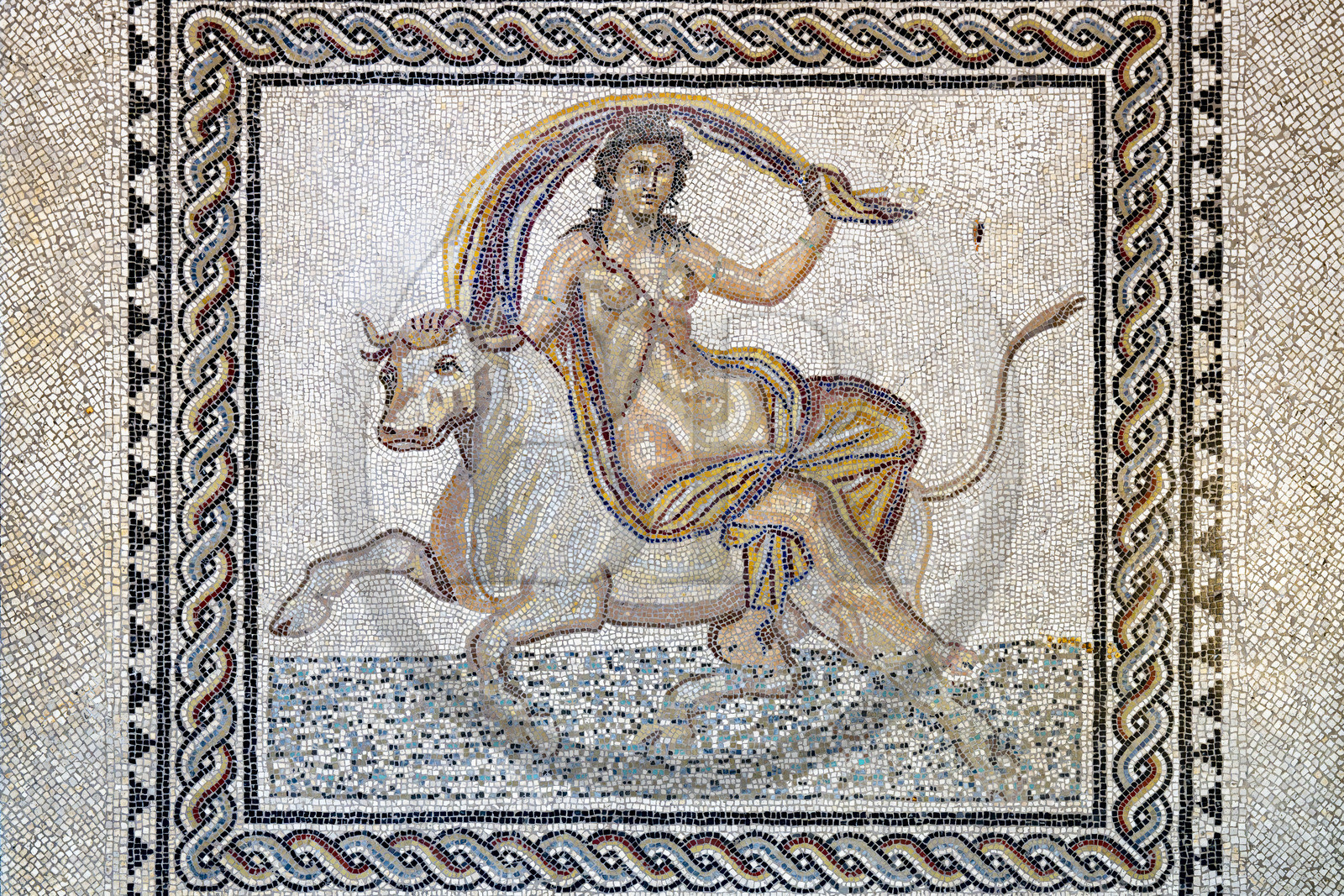 France, Bouches du Rhone, Arles, musée départemental Arles antique, mosaic of the Rape of Europa (end of 2nd century - beginning of 3rd century) which is the pavement of a rich Roman town house discovered on the site of avenue de Camargue in the Trinquetaille district on the right bank of the Rhone river