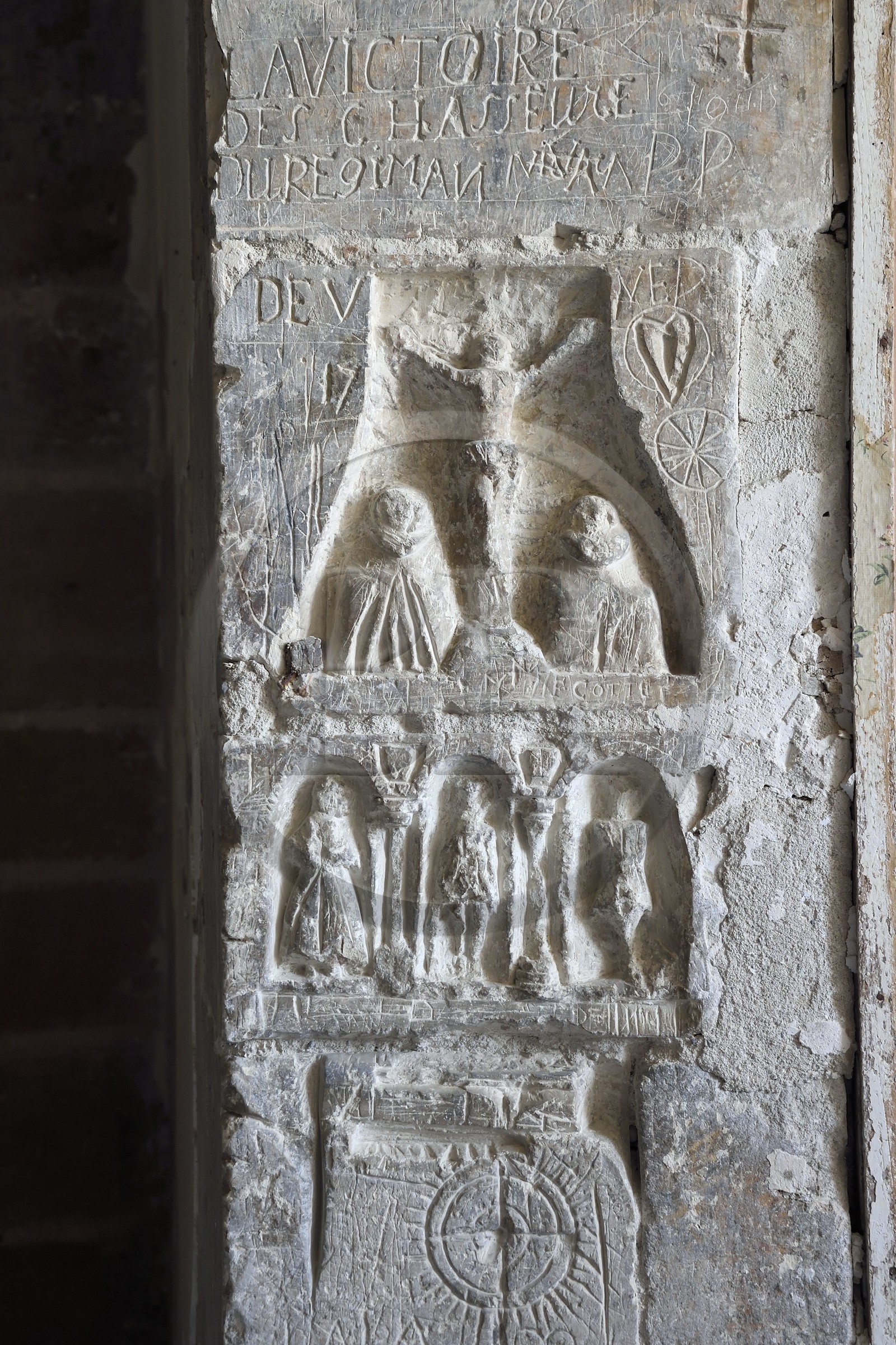 France, Allier (03), former province of Bourbonnais, Moulins, the Mal-Coiffee Tower of the former Chateau des Ducs de Bourbon that was transformed into a prison until 1984, military graffiti dating from the end of the 17th century when the building housed a garrison