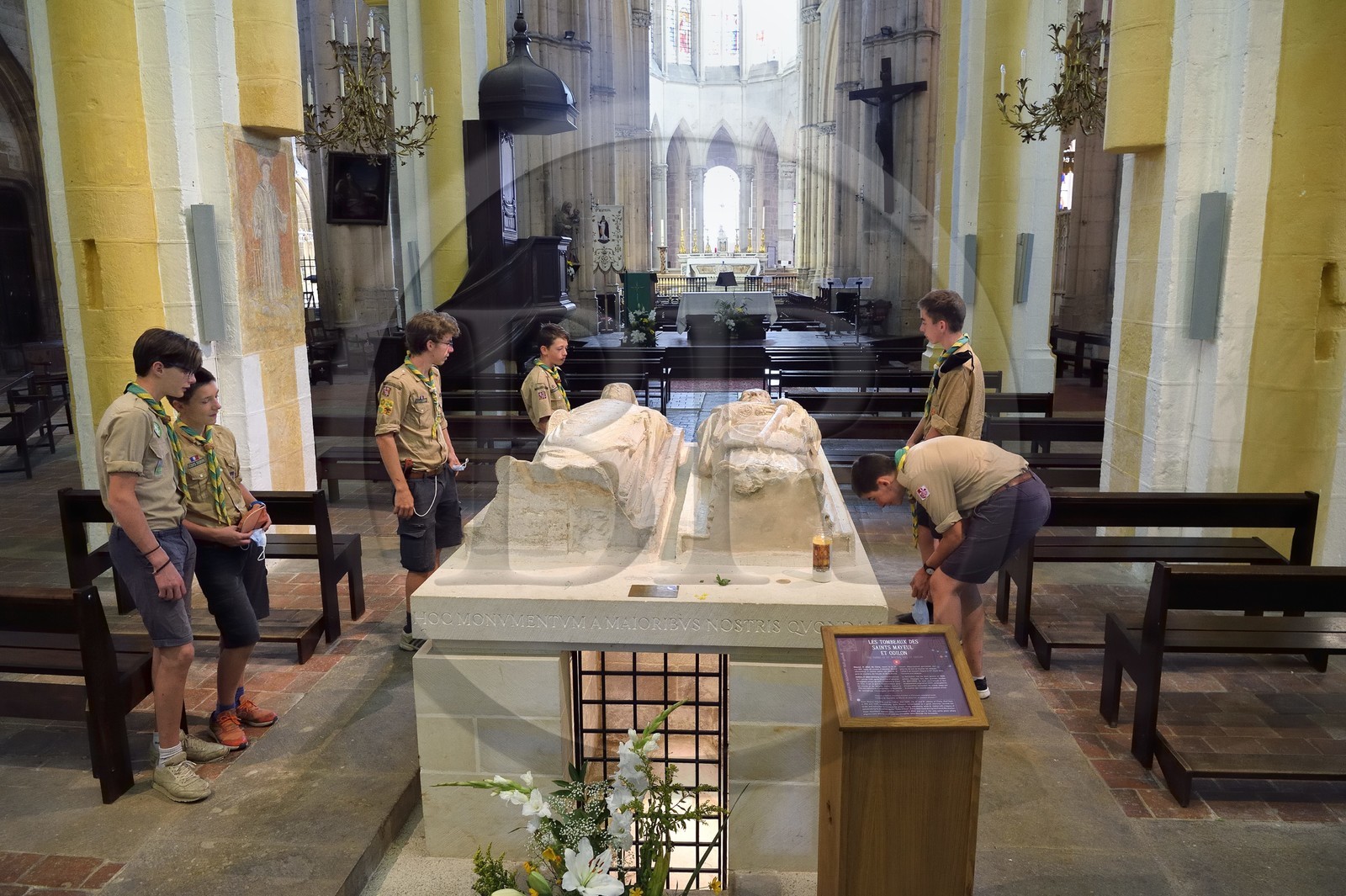 France, Allier (03), former province of Bourbonnais, Souvigny, the cluniac priory church of Saints Peter and Paul (prieuré Saint-Pierre-et-Saint-Paul), ducal necropolis of the Dukes of Bourbon, scouts of Europe around the recumbent statues of two illustrious abbots of Cluny who became Saint Mayeul and Saint Odilon