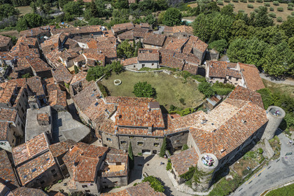 France, Var, the Dracenie, village de Tourtour, labelled Les Plus Beaux Villages de France (The Most Beautiful Villages of France), the old castle called Laval castle from the 12th century transformed into a dwelling (aerial view)