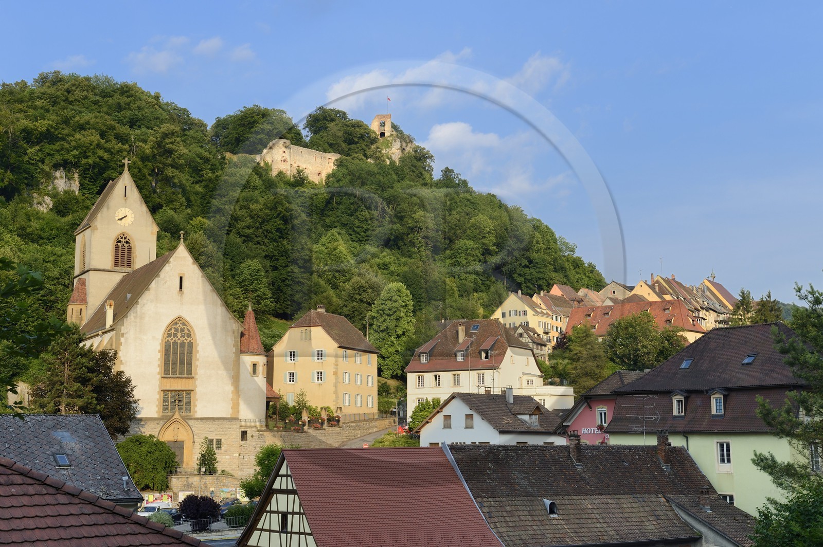 France, Haut Rhin, Sundgau, Ferrette overlooked by its castle, the Catholic Church of Saint Bernard de Menthon