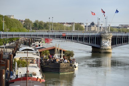 France, Rhone, Lyon, Rhone river banks, barge Cafe moored at quai General Sarrail and the Lafayette bridge
