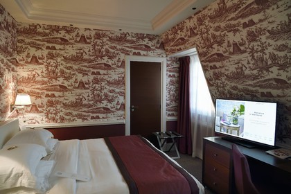 France, Calvados (14), Pays d'Auge, Deauville, l'Hotel Normandy Barriere, une chambre supérieure décorée de toile de Jouy