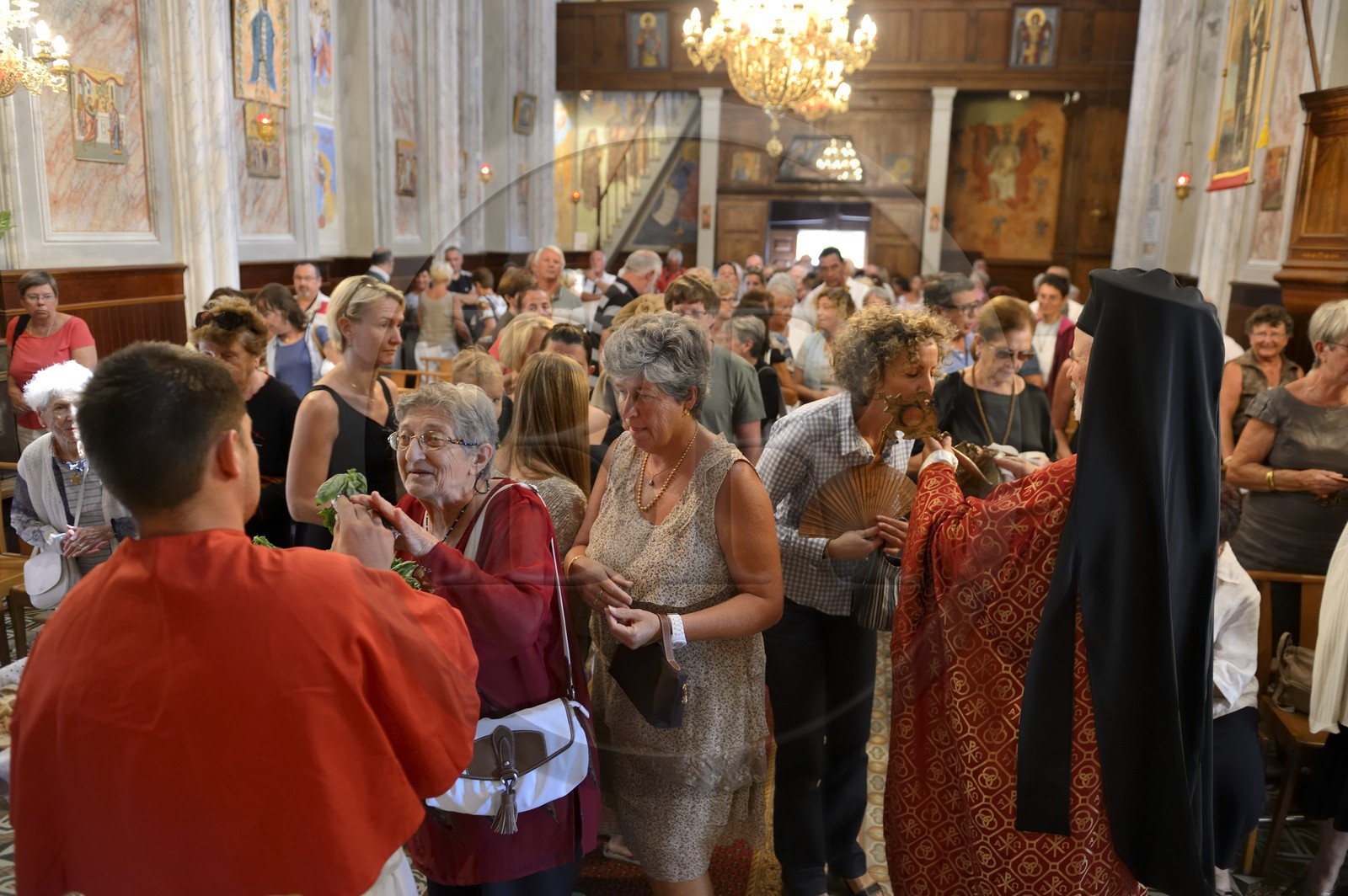 France, Corse du Sud, Cargese, Greek catholic church of Saint Spyridon (Eastern rite or Uniate), mass of the basil feast (Exaltation of the Holy Cross)