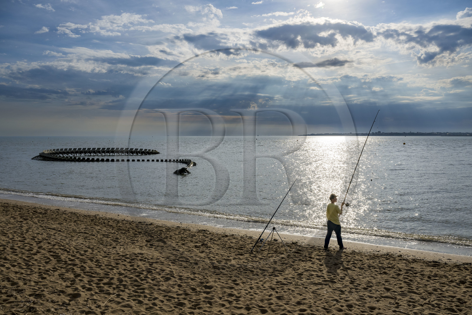 Saint-Brevin-les-Pins, Mindin, collection d'art contemporain à ciel ouvert Estuaire, le Serpent d'Océan réalisé par l'artiste chinois Huang Yong Ping représentant un long squelette de serpent de mer, installé sur l'estran et apparaissant au rythme des marées