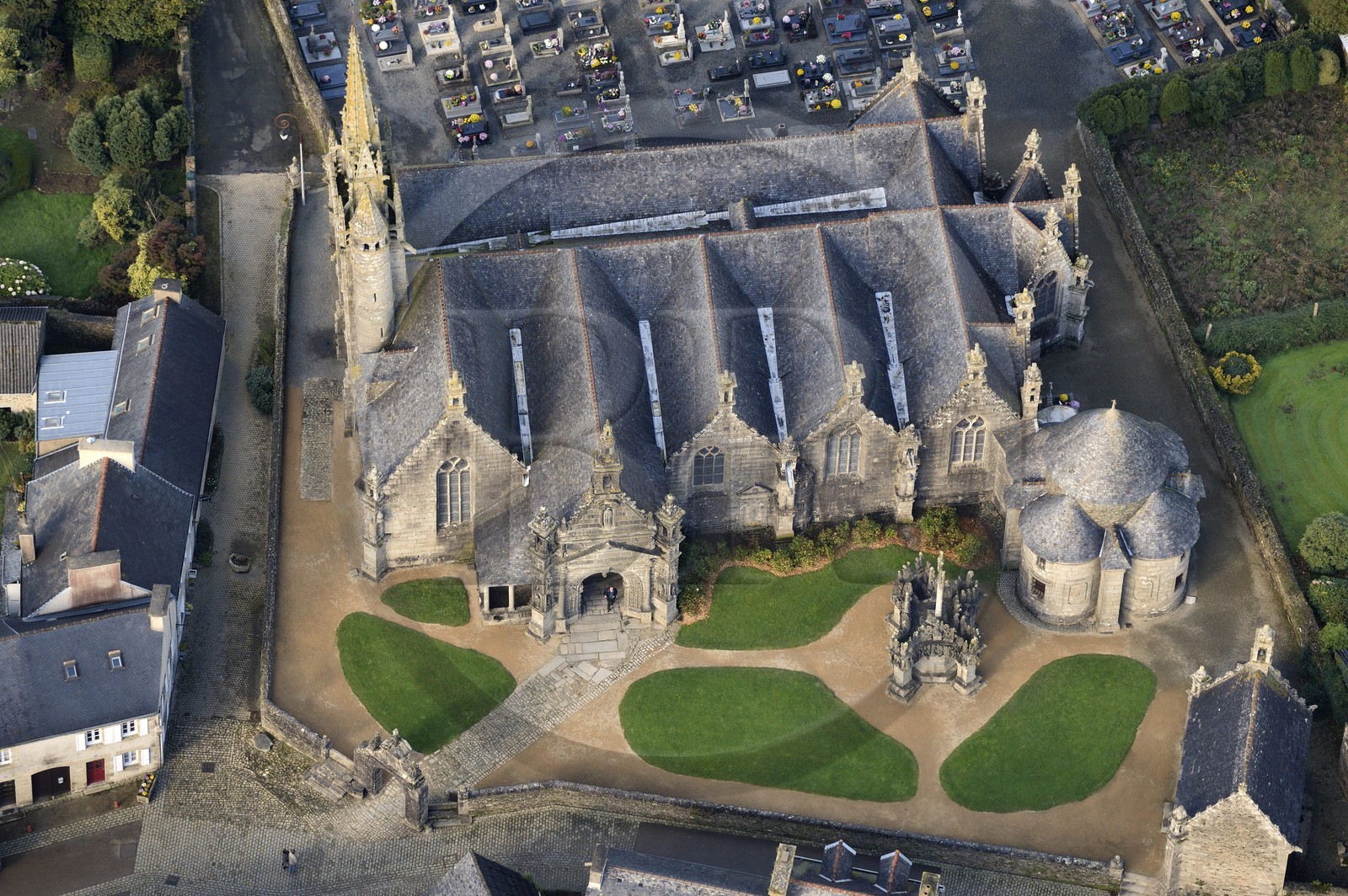 France, Finistere, Guimiliau, the church and the calvary in the Parish close (enclos paroissial) (aerial view)