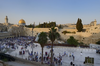 Israel, Jerusalem, holy city, the old town listed as World Heritage by UNESCO, the Western Wall part of the retaining walls of the Temple Mount built by Herod the Great and the Dome of the Rock on Haram al-Sharif in the background