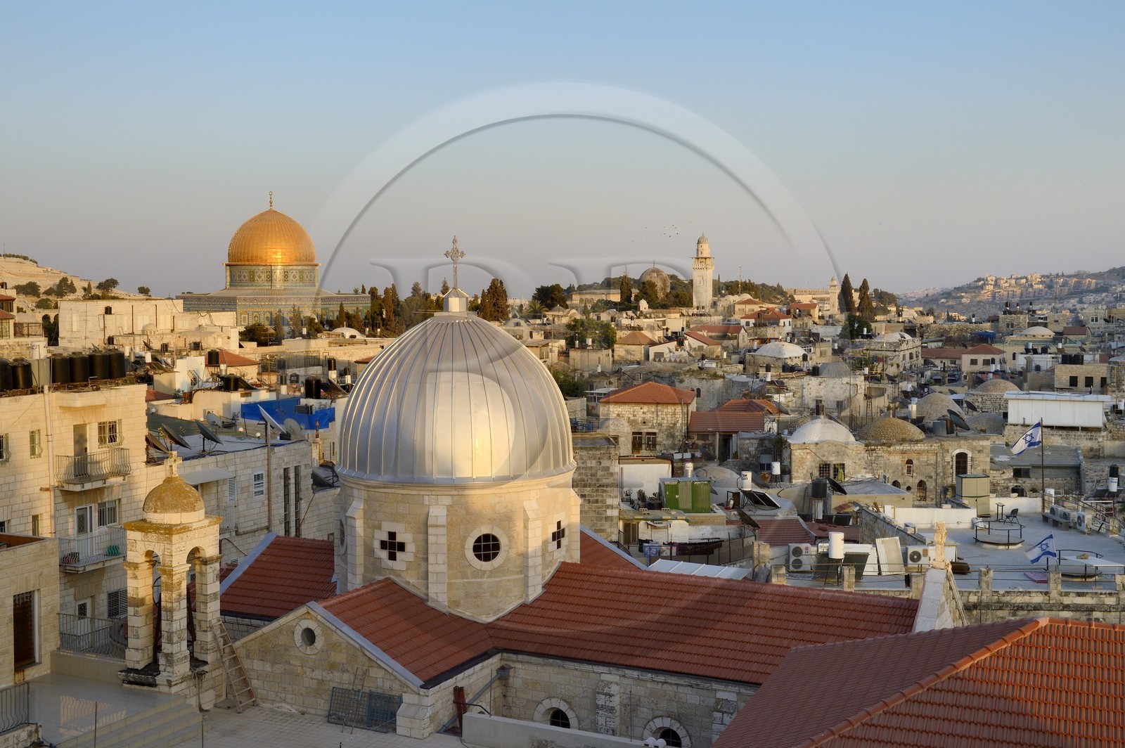 Israel, Jerusalem, holy city, the old town listed as World Heritage by UNESCO, the roofs of the Muslim Quarter, the church of Our Lady of the Spasm and the Dome of the Rock in the background