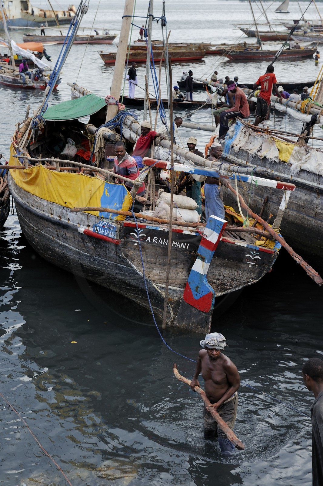 Tanzania, Zanzibar Archipelago, Unguja island (Zanzibar), Stone Town, listed as World Heritage by UNESCO, dhows (traditional Arab sailing vessels) port, wood unloading