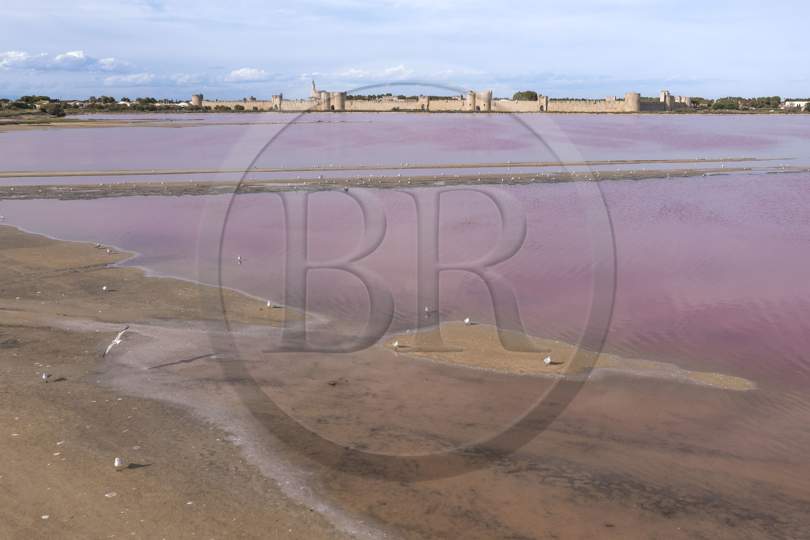 France, Gard (30), Aigues-Mortes, la ville médiévale entourée par ses remparts en bordure des marais salants (Salins du Midi) (vue aérienne)