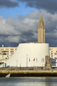 France, Seine Maritime, Le Havre, Downtown rebuilt by Auguste Perret listed as World Heritage by UNESCO, Perret buildings around the Bassin du Commerce, the Volcan created by Oscar Niemeyer and the Lantern tower of Saint Joseph church