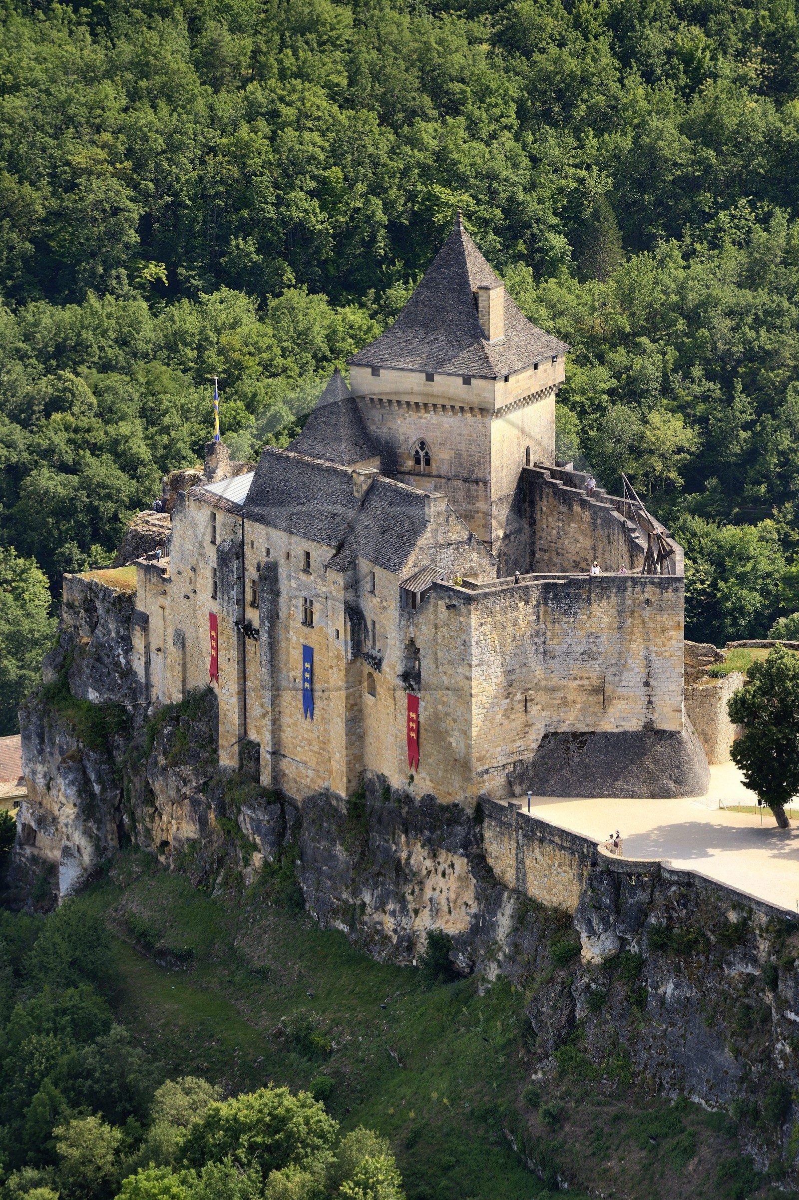 France, Dordogne, Perigord Noir, Dordogne Valley, Castelnaud la Chapelle, labelled Les Plus Beaux Villages de France (The Most Beautiful Villages of France), Castelnaud Castle on a cliff above the Dordogne valley (aerial view)