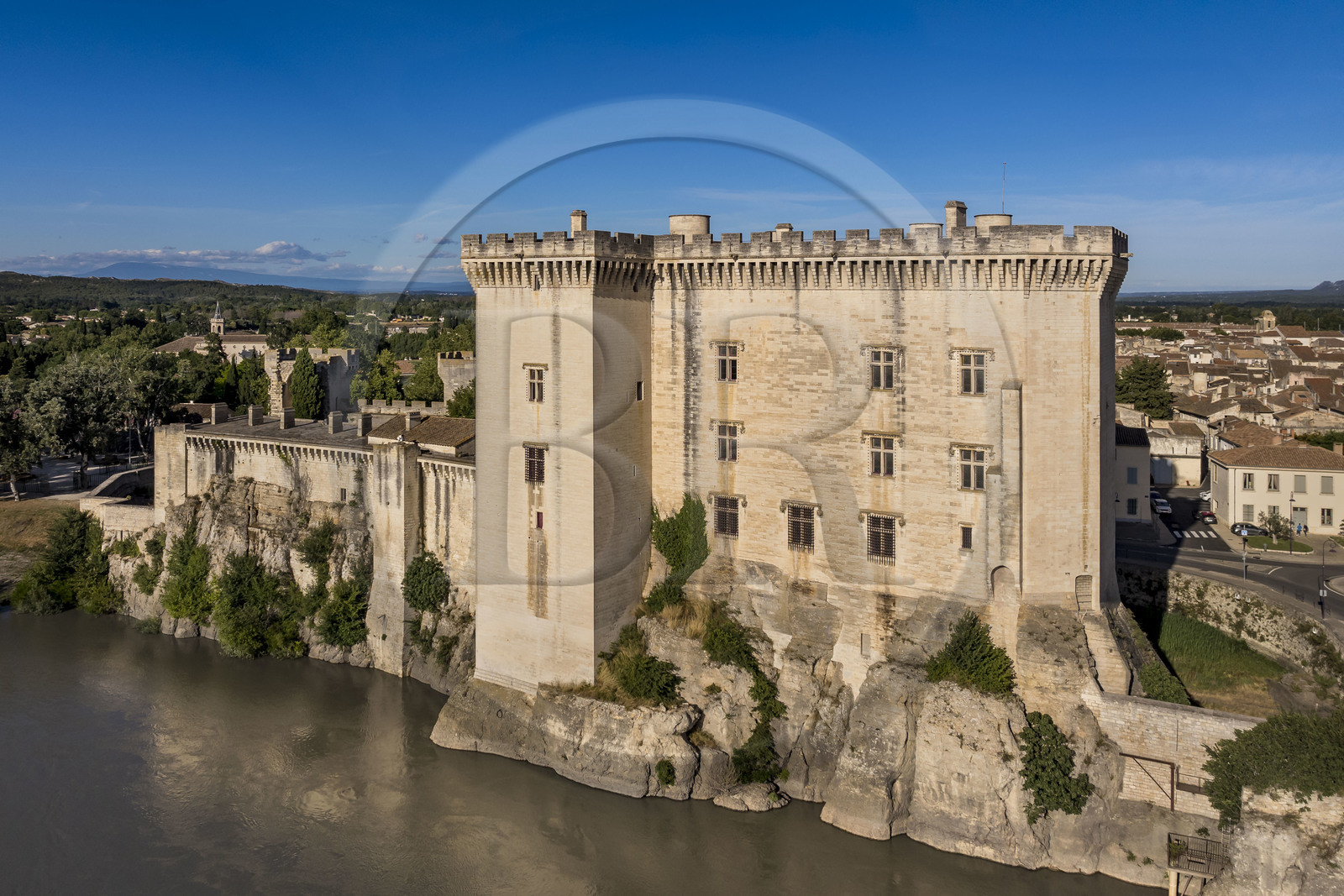 France, Bouches du Rhone, Tarascon, the 15th century castle of King René on the banks of the Rhone river (aerial view)