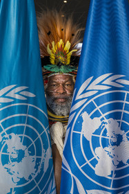 France, Paris, UNESCO Headquarters, conference at Earth University on November 25, 2022, Papuan Chief Mundiya Kepanga