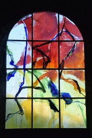 France, Haute Loire, Brioude, the Basilica of Saint-Julien de Brioude in Auvergne Romanesque style, contemporary stained glass windows by Dominican Kim En Joong