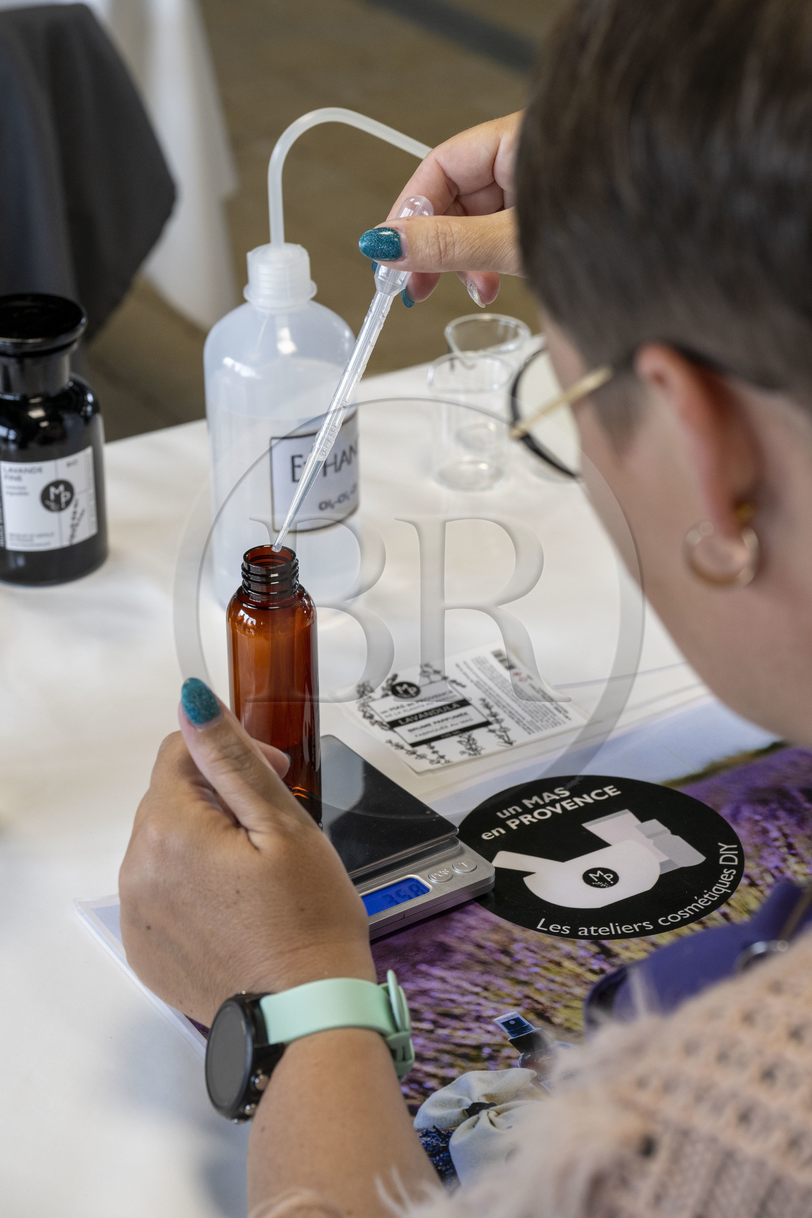 France, Gard, Bellegarde, aromatic plant farm A Mas in Provence, manufacturing of cosmetics with organic lavender essential oils