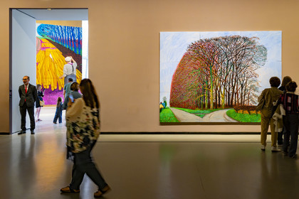 France, Paris, Bois de Boulogne, the Louis Vuitton Foundation by architect Frank Gehry, David Hockney exhibition 25, Bigger Trees near Warter, Winter 2008, oil on 9 canvases