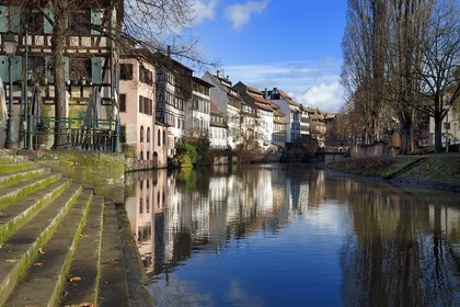 France, Bas Rhin, Strasbourg, old town listed as World Heritage by UNESCO, la Petite France District, quai de la Bruche left and quai de la Petite France along one of the branches of the Ill river