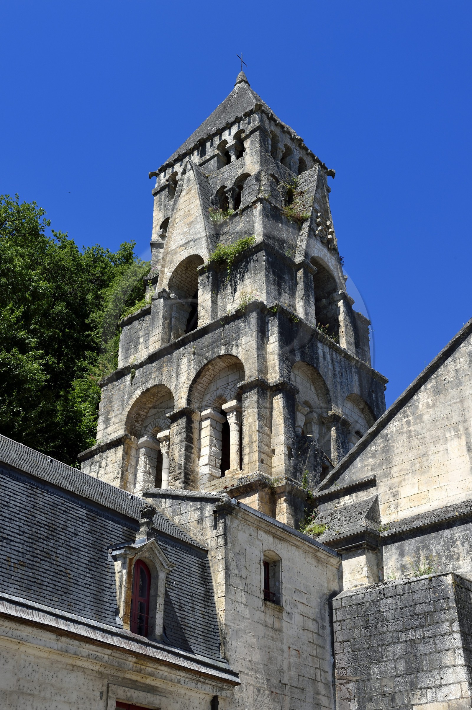 France, Dordogne, Brantome, Saint Pierre benedictine abbey, the bell tower of the abbey church (11th century); certainly the oldest bell tower in France