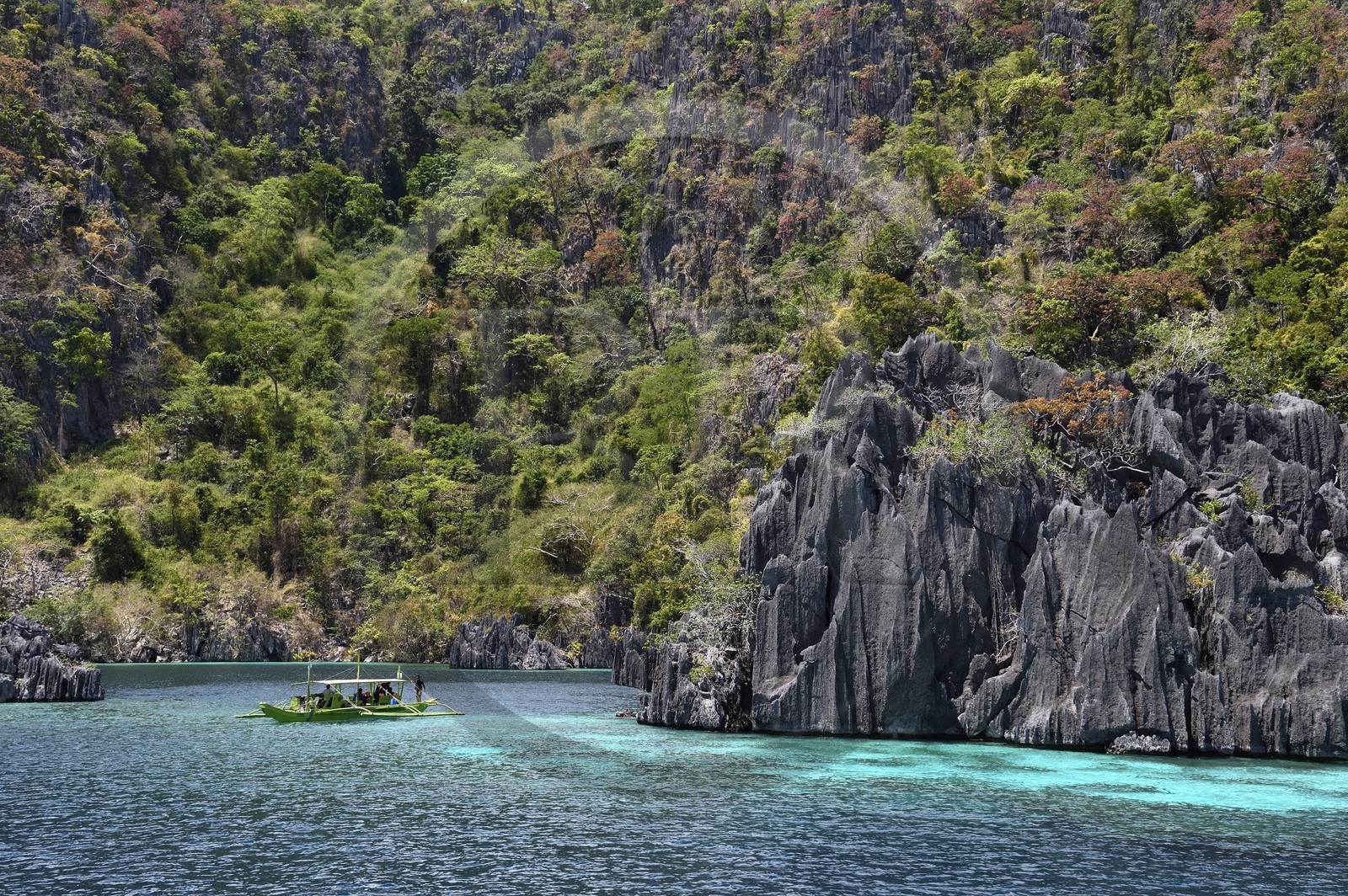 Philippines, Calamian Islands in northern Palawan, Coron Island Natural Biotic Area, Outrigger canoe in a lagoon under Permian Limestone of Jurassic origin cliffs