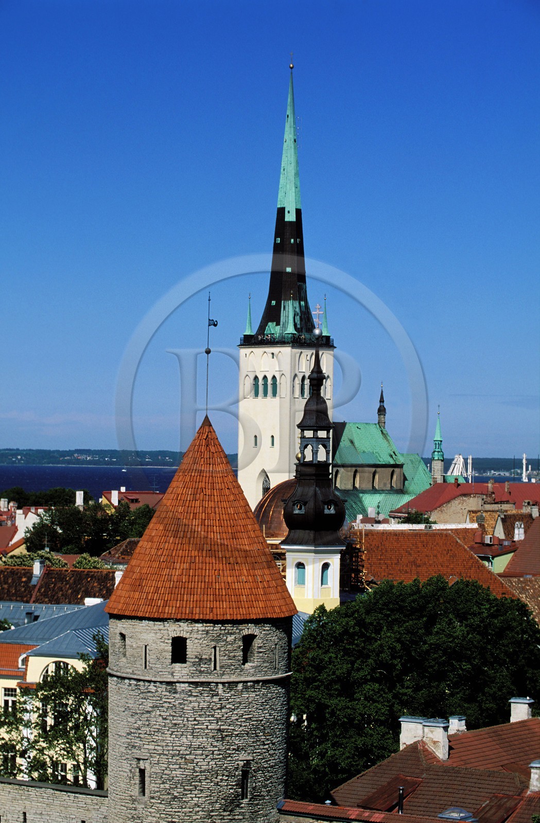 Estonia (Baltic States), Harju Region, Tallinn, European Capital of Culture 2011, the bell tower of St Olaf's Church dominates the old town's ramparts